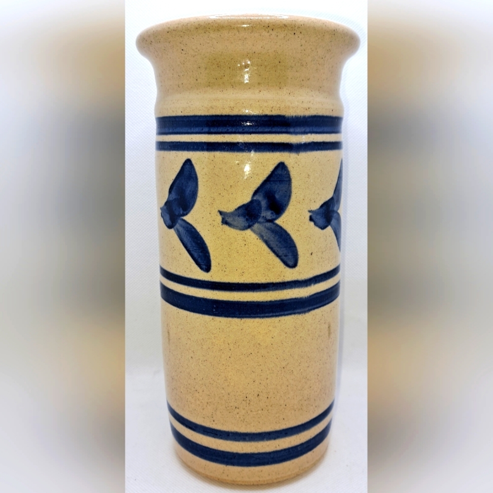 TERRY PLASKET Ivory Blue Bands & Leaves Vase / Wine Cooler / Utensil Crock